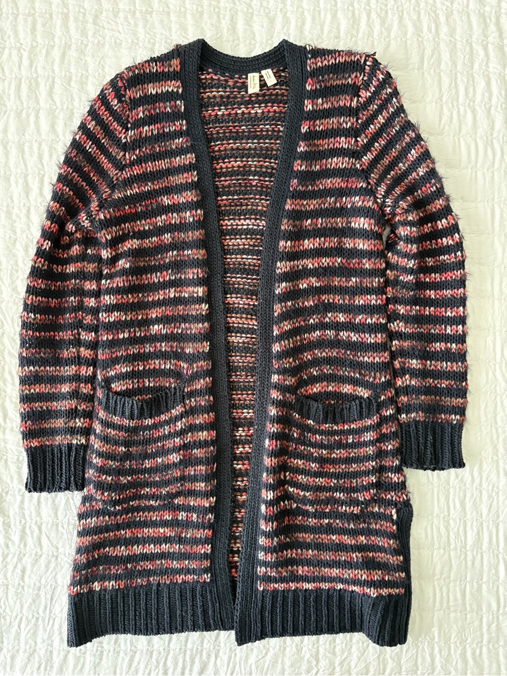 Anthropologie Open-Front Striped Longline Cardigan in Black and Pink